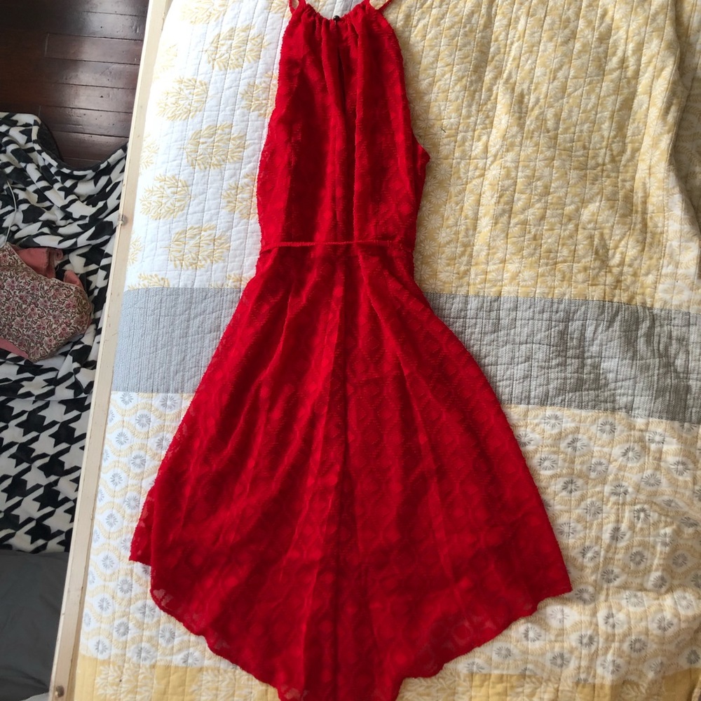 Red handkerchief dress with keyhole and tie
